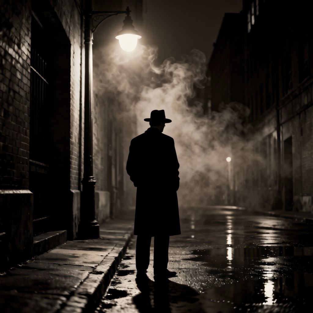 AI TGG noir detective scene under a streetlamp
