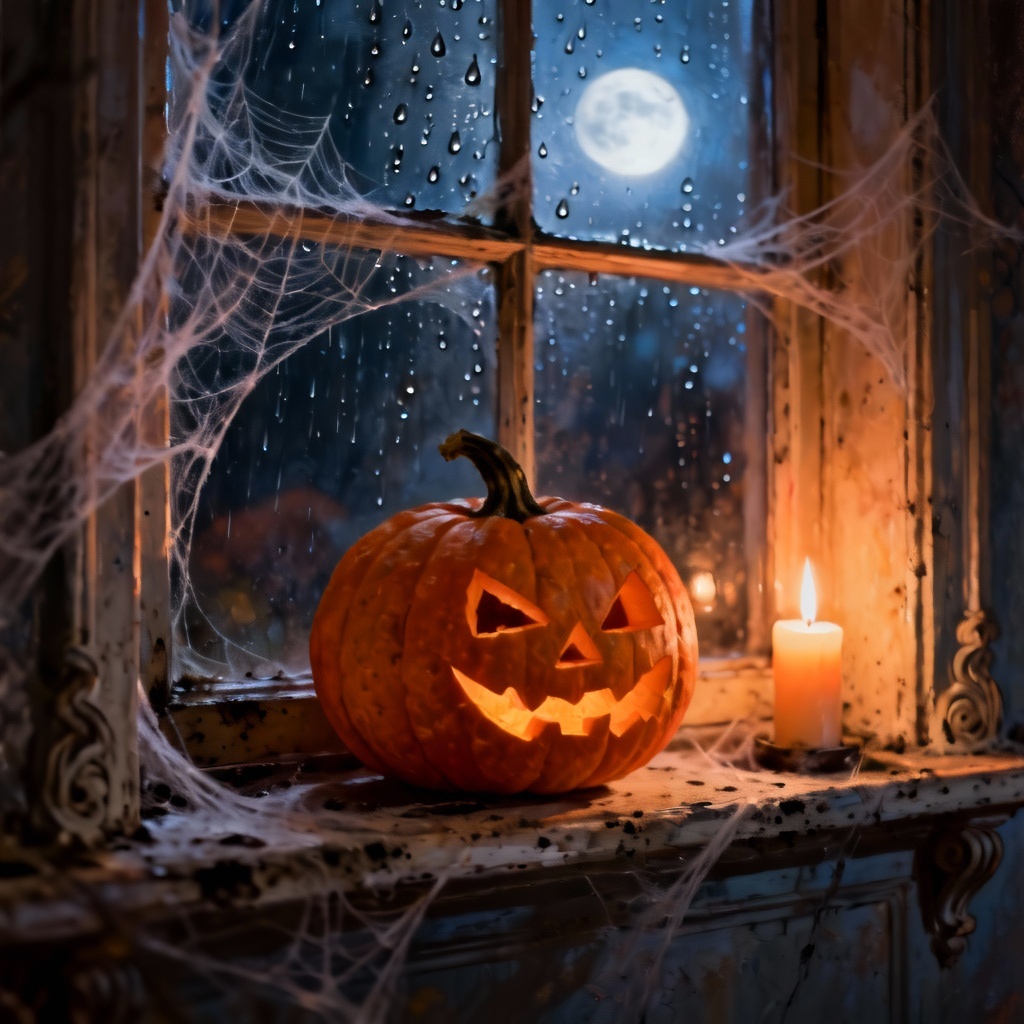Victorian haunted window with glowing pumpkin
