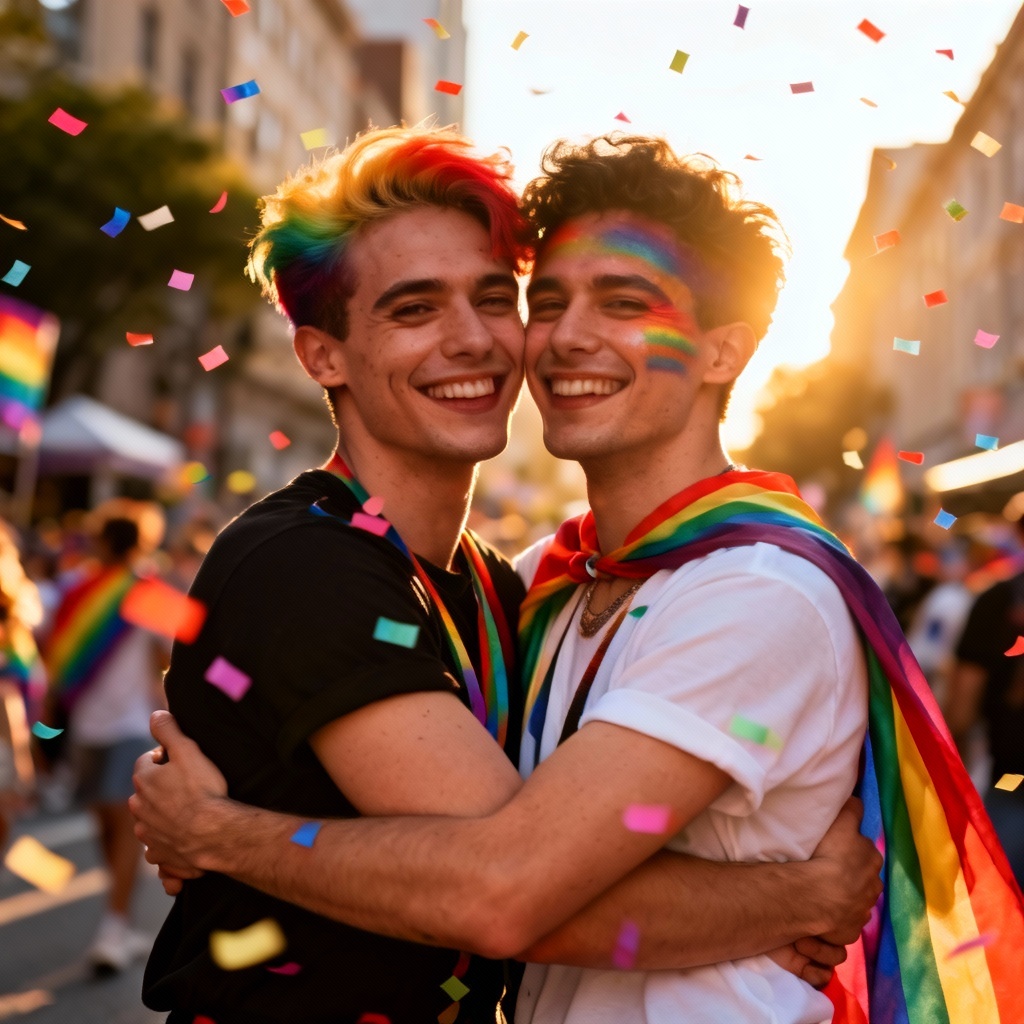 Photorealistic LGBTQ couple at pride parade