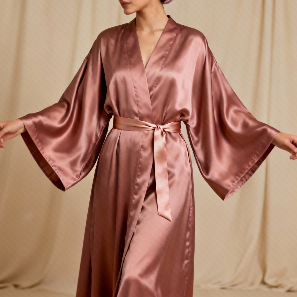 AI satin kimono abaya in dusty rose with belt