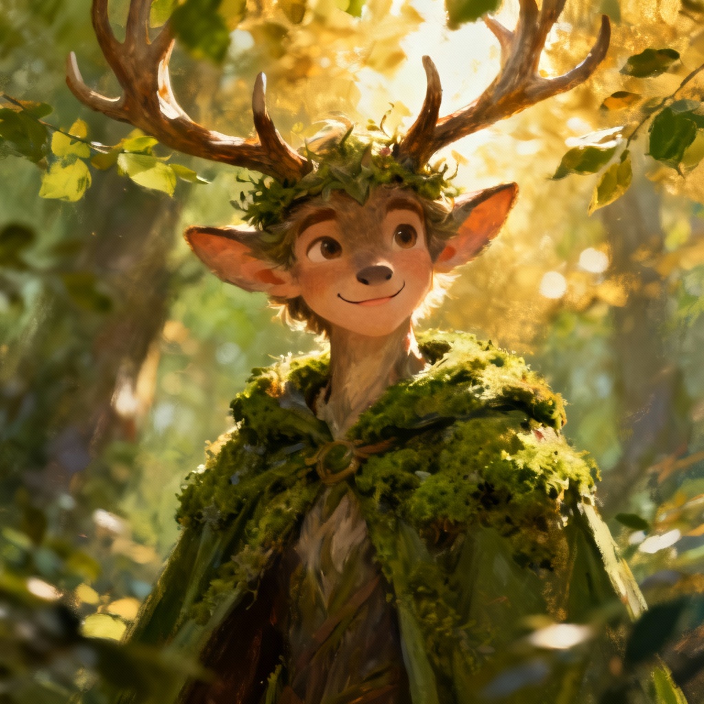 Whimsical forest guardian character figure with painterly style