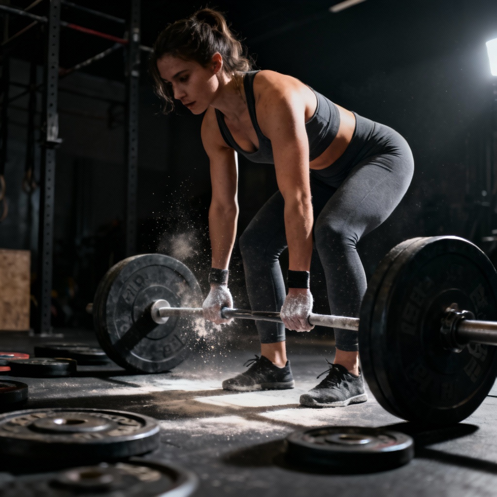 AI gym girl aesthetic heavy lift in dark gym