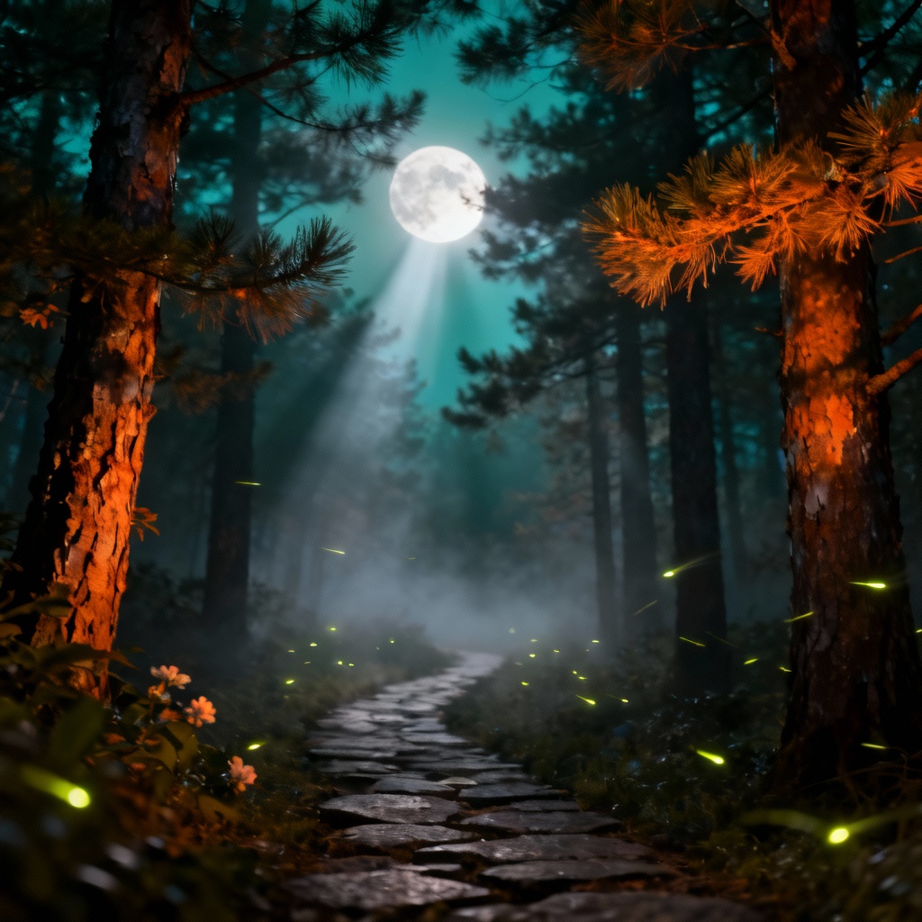 AI cinematic forest illuminated by a full moon