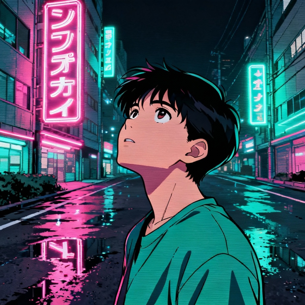 Old school anime city night scene with neon lights