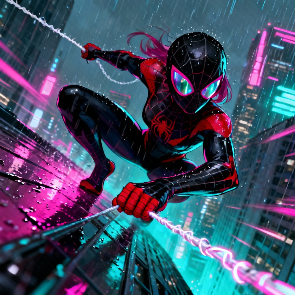 AI Spider Girl Swinging Between Skyscrapers