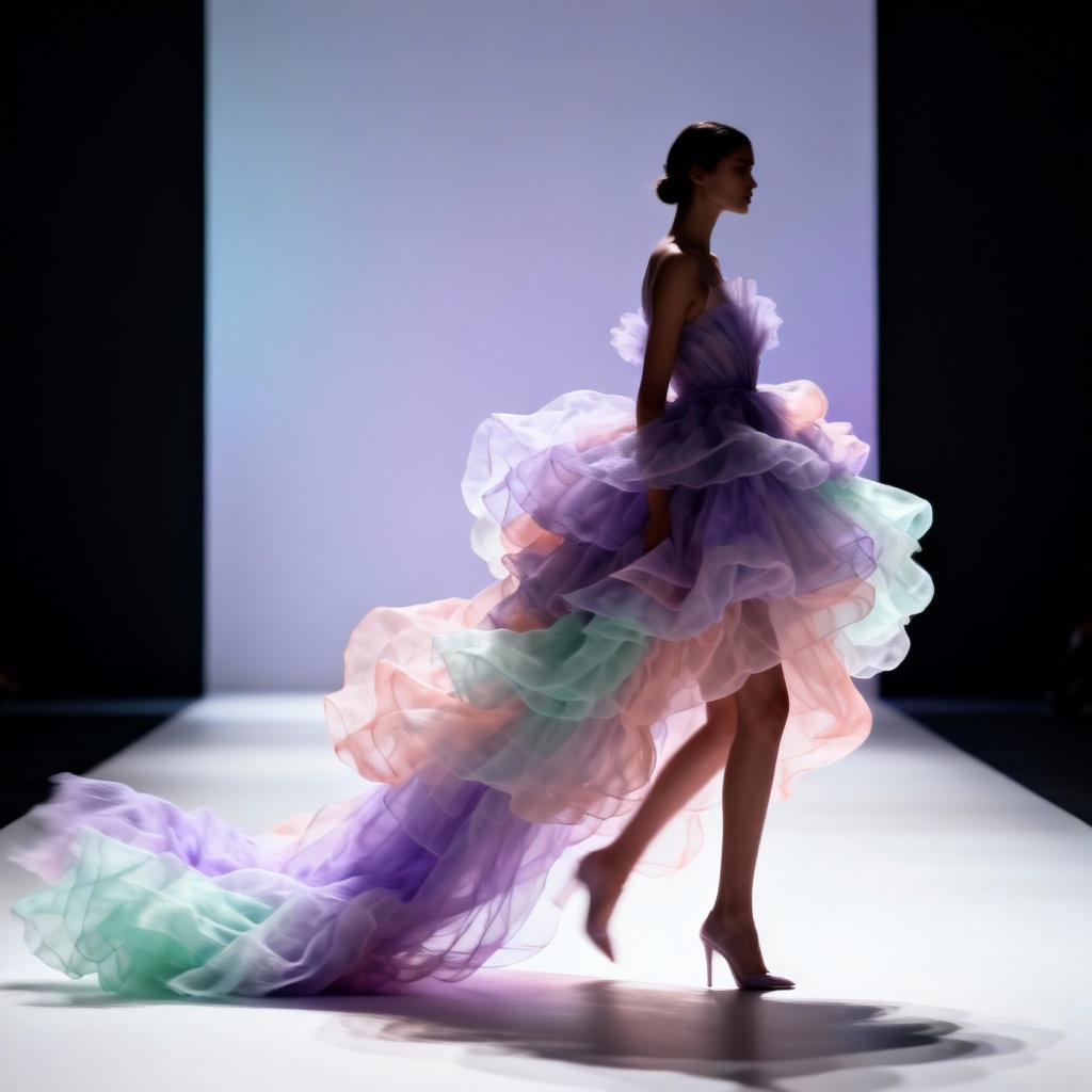 AI sculptural tulle cloud couture dress in pastel tones