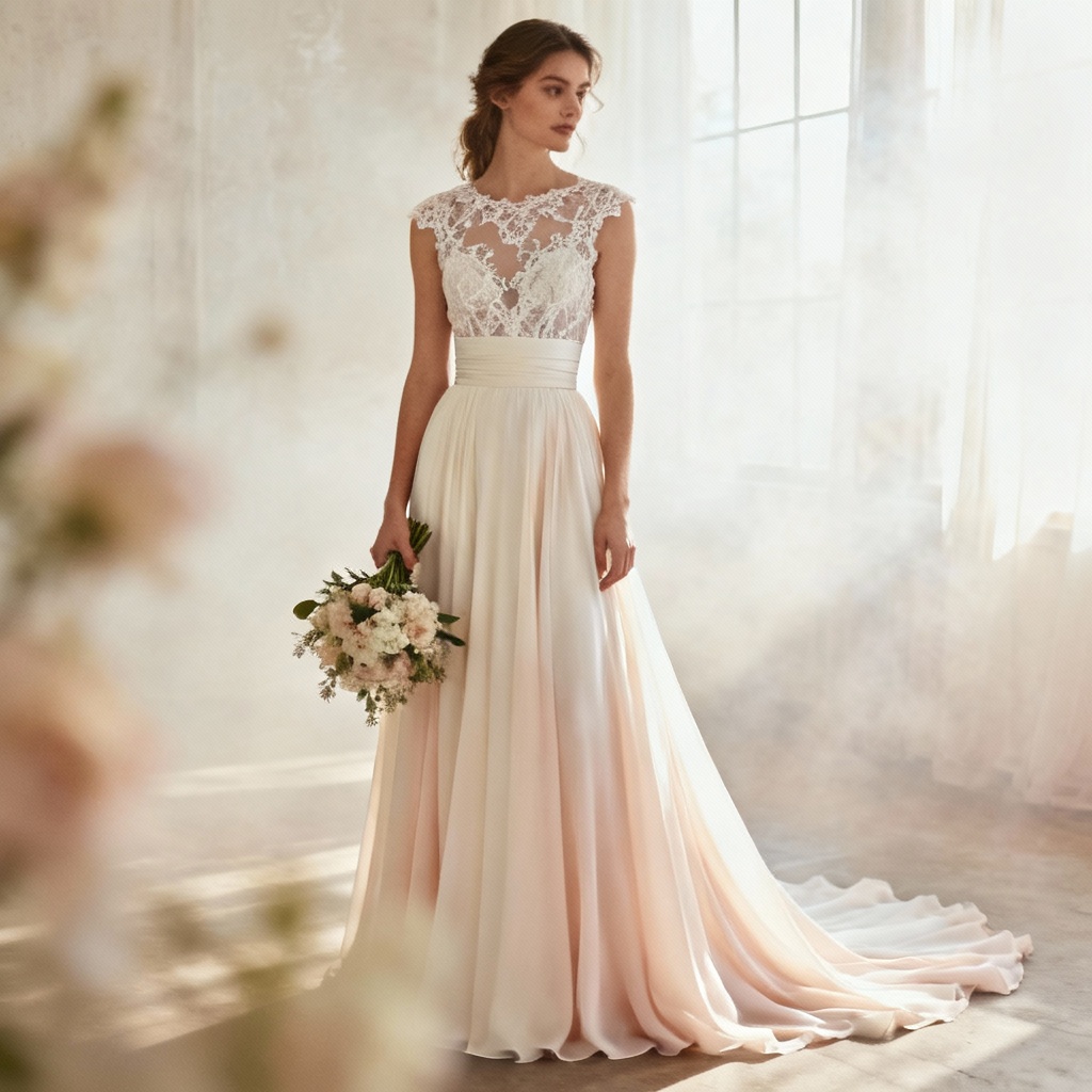 AI bridal lace empire waist dress with chapel train