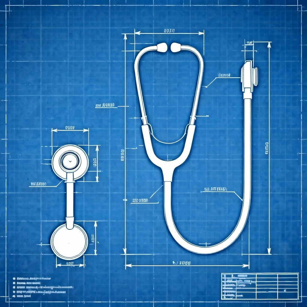 Blueprint technical drawing of a stethoscope with dimensions