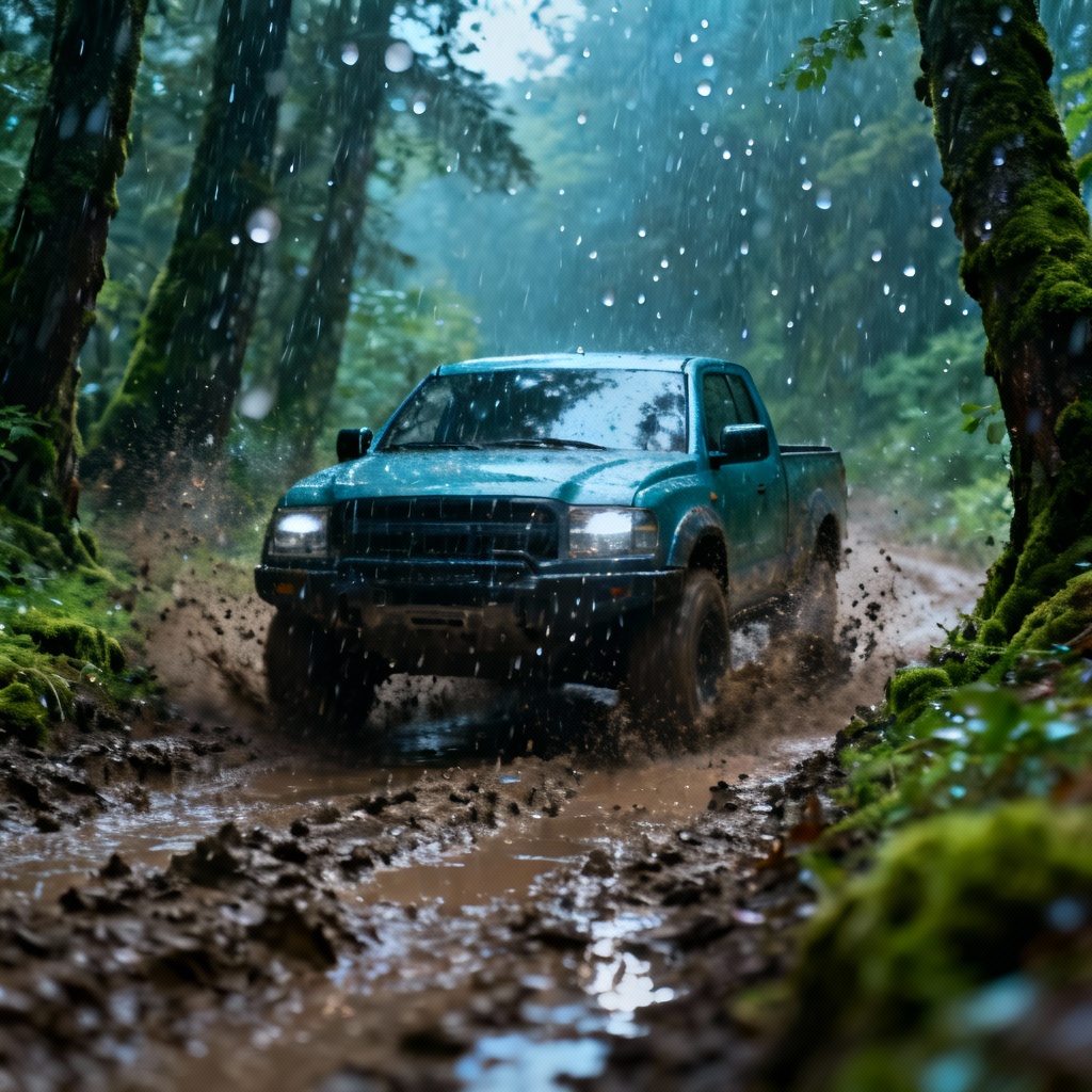 AI 4x4 pickup splashing through muddy forest trail