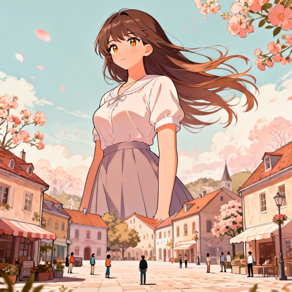 Anime giantess in a pastel town square