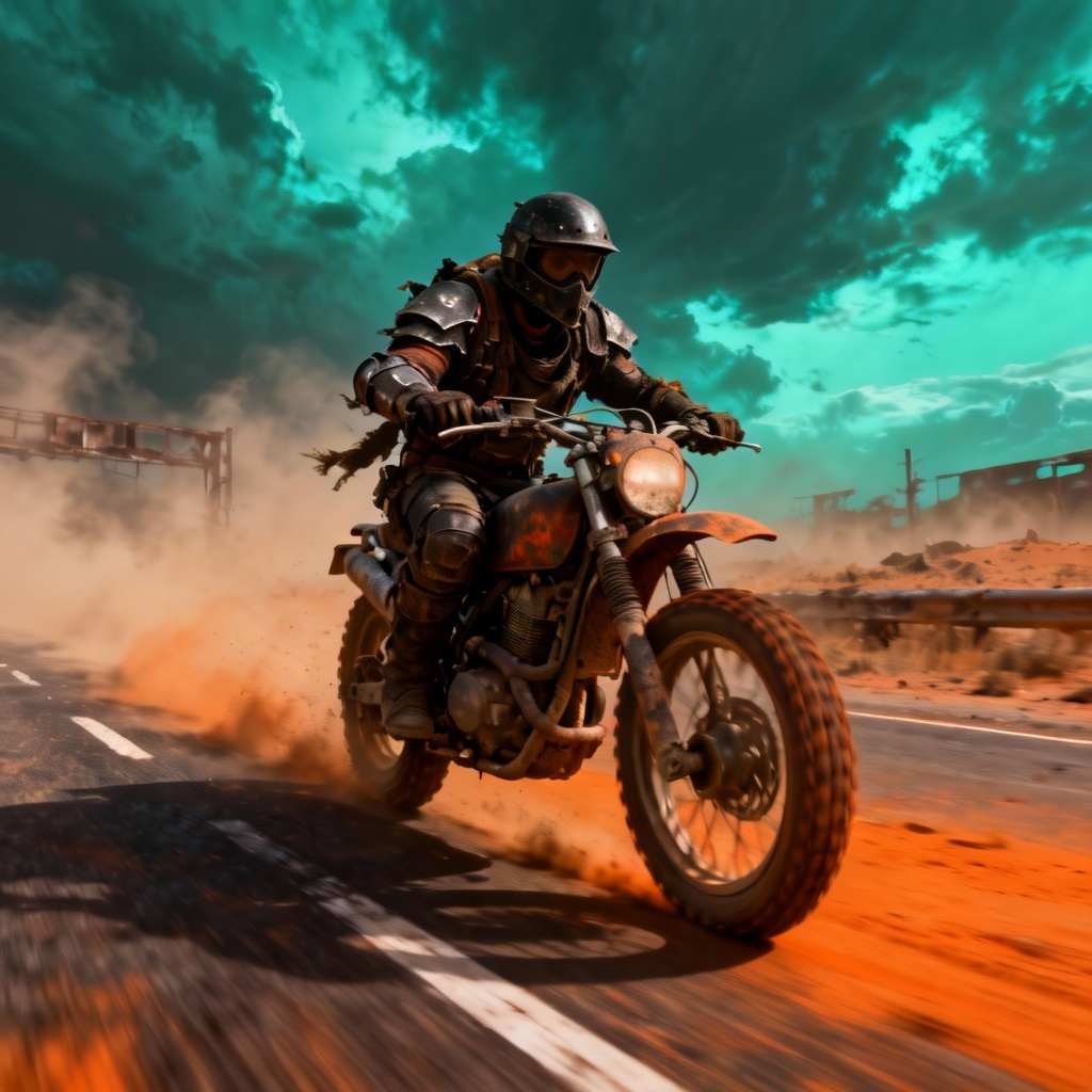 AI post-apocalyptic biker on abandoned highway