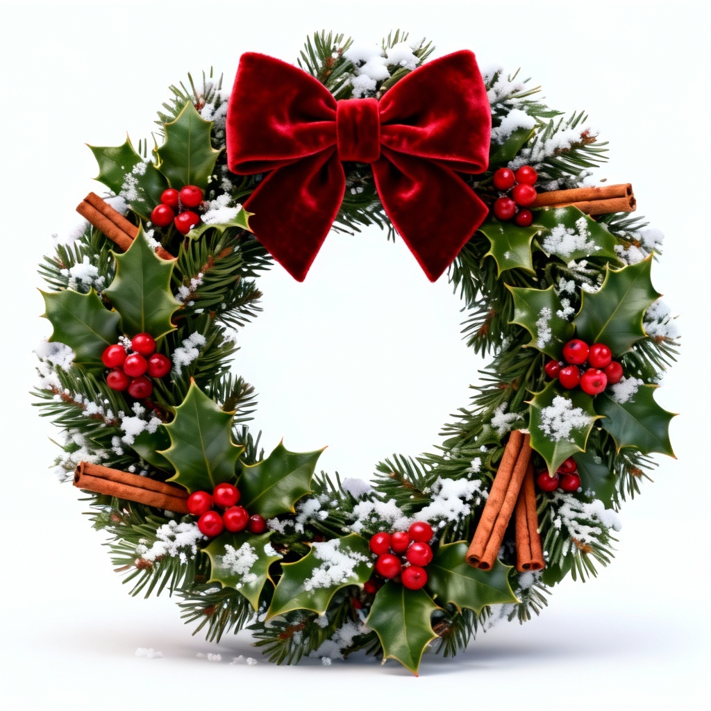 AI Christmas wreath with holly, pine, and red berries