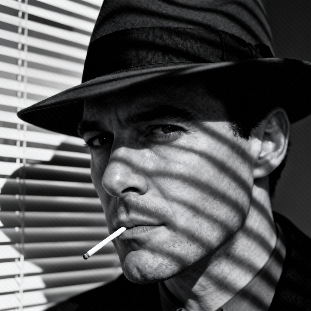 AI noir detective portrait with fedora and cigarette