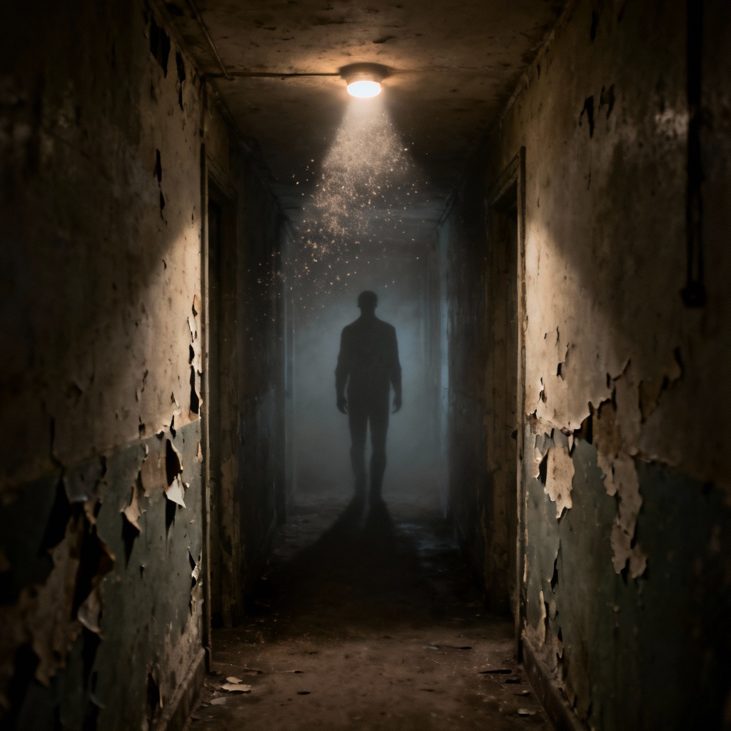 AI horror scene of a misty hallway with looming shadow