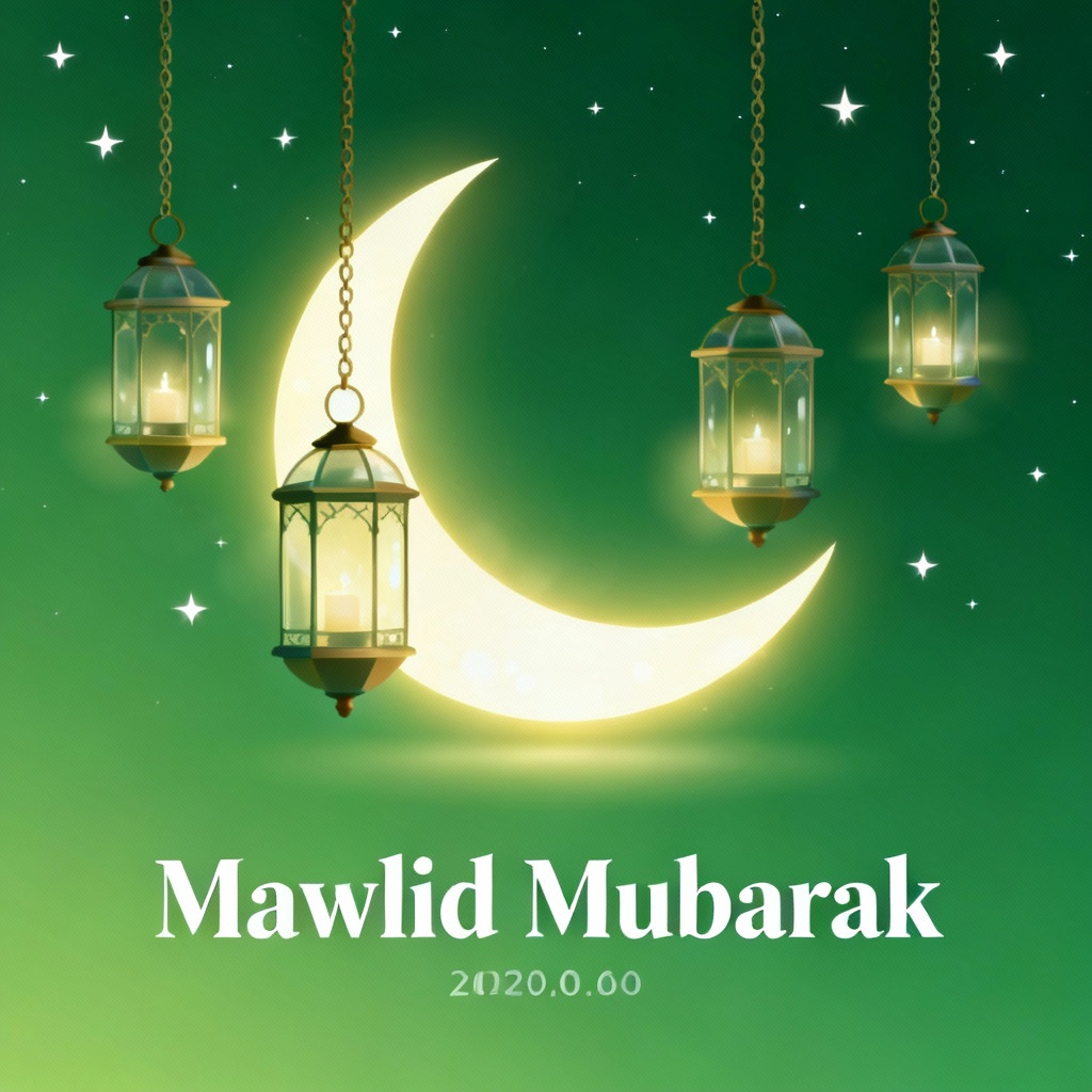 Wide Mawlid web banner with hanging lanterns and crescent moon