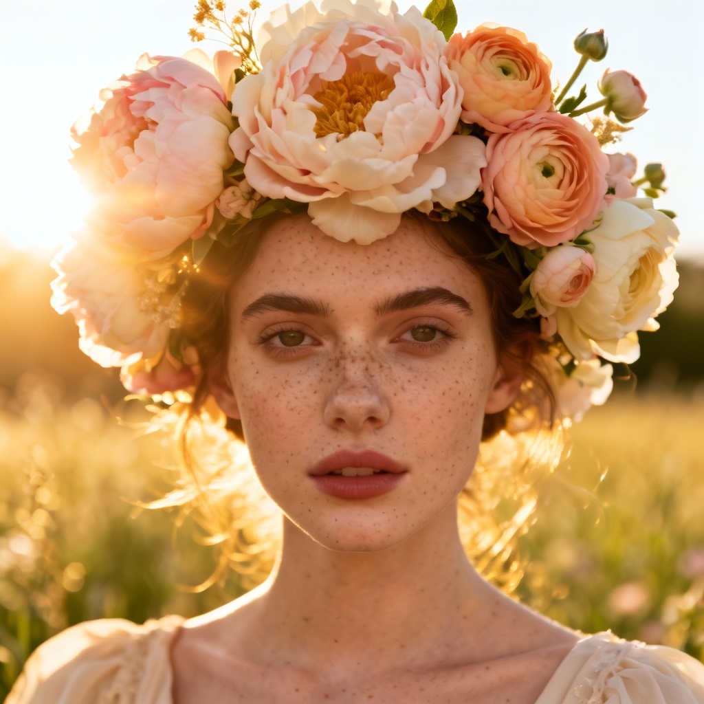 AI spring fantasy portrait with floral crown and sun flare