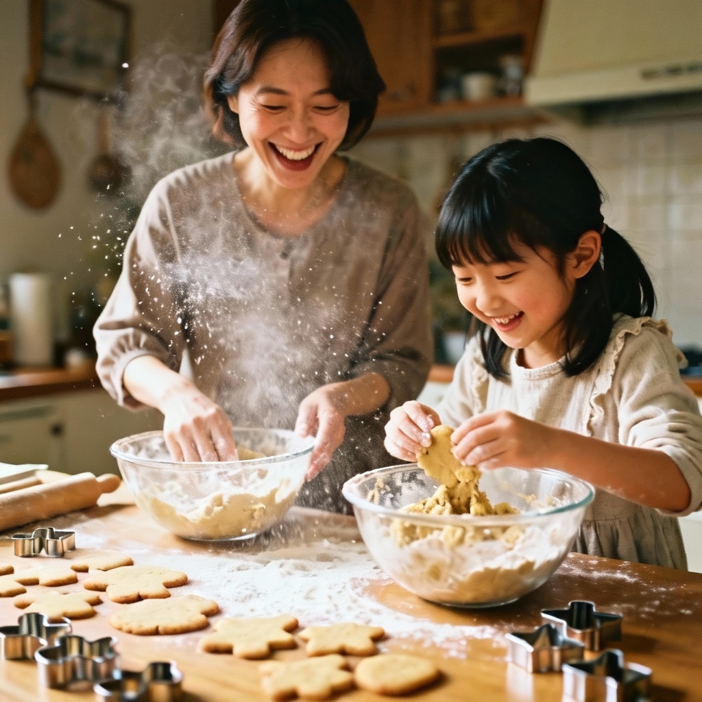 AI mother daughter baking cookies