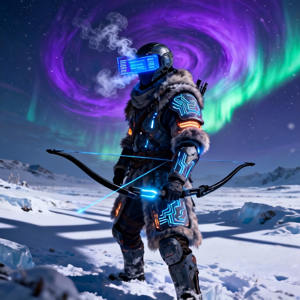 AI cyber nomad warrior in frosted landscape with tech furs