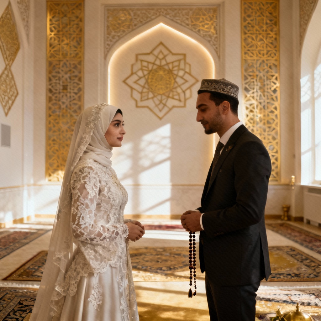 AI Turkish nikah ceremony in elegant hall with Ottoman patterns