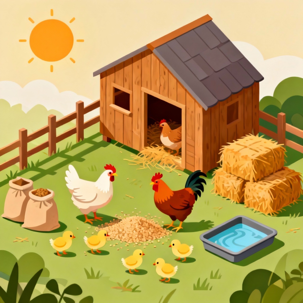 AI isometric chicken coop scene