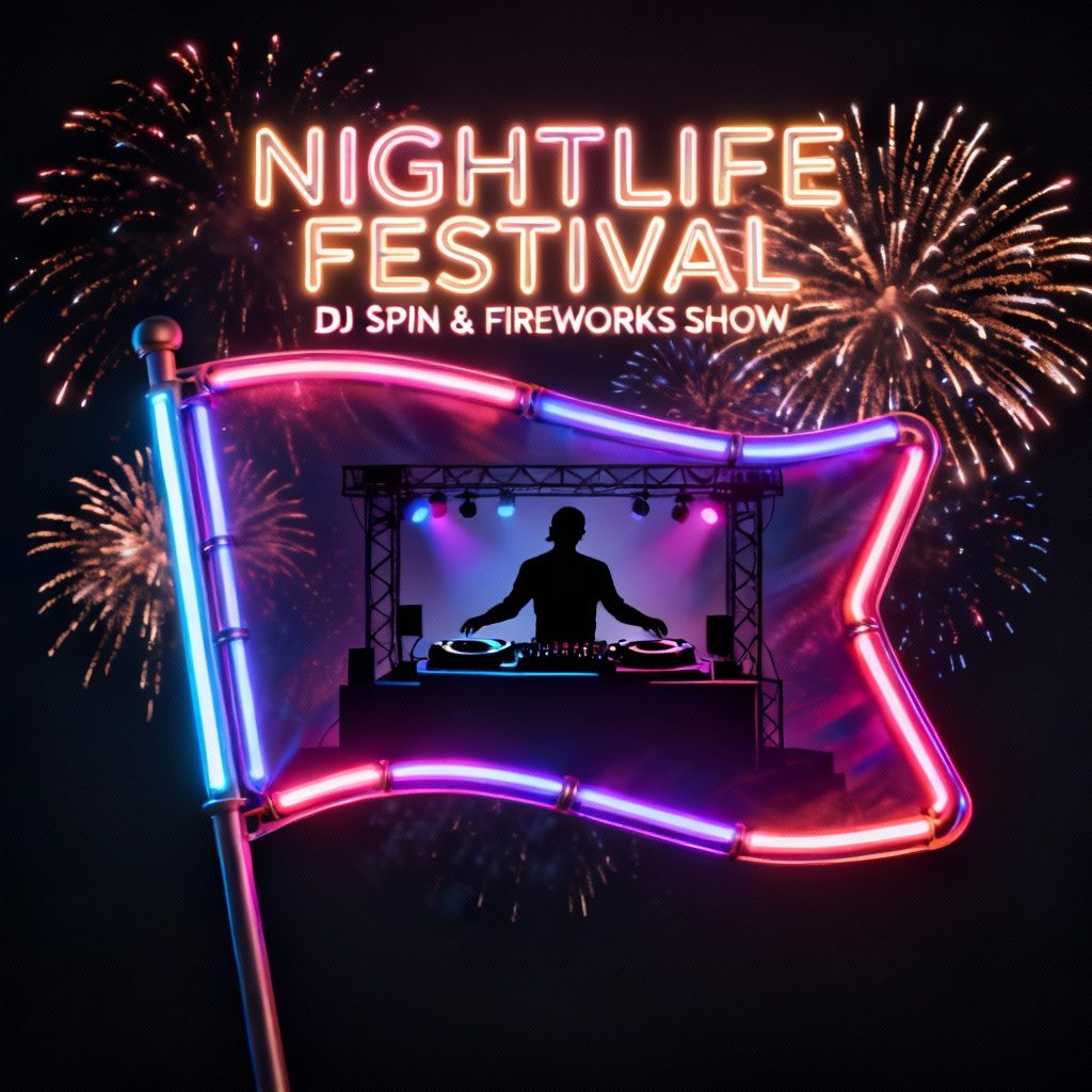 AI neon Independence Day festival poster with fireworks