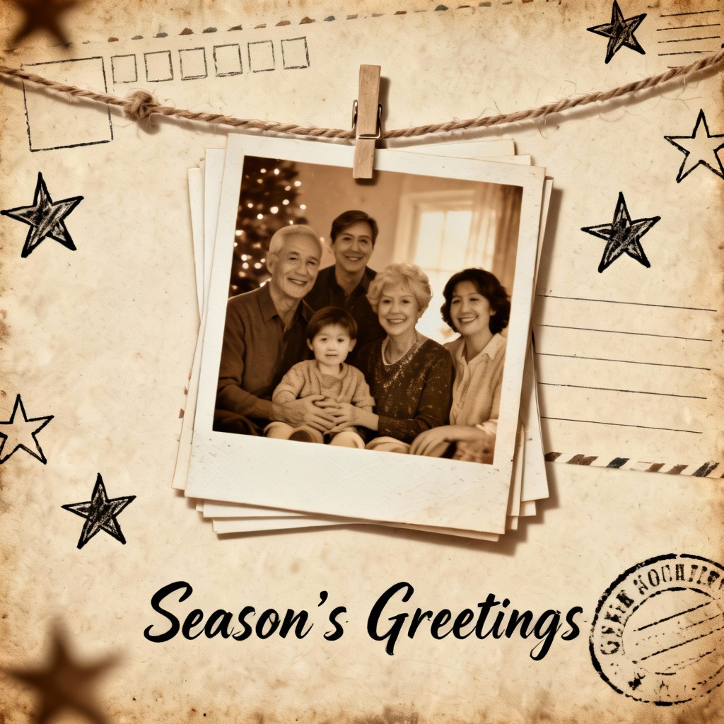 AI vintage Christmas card with Polaroid garland