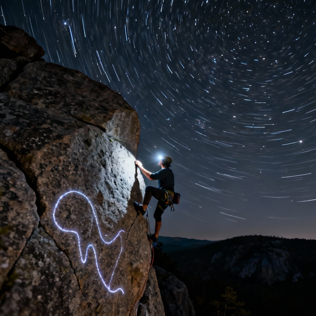 AI boulderer climbing under a starry night sky