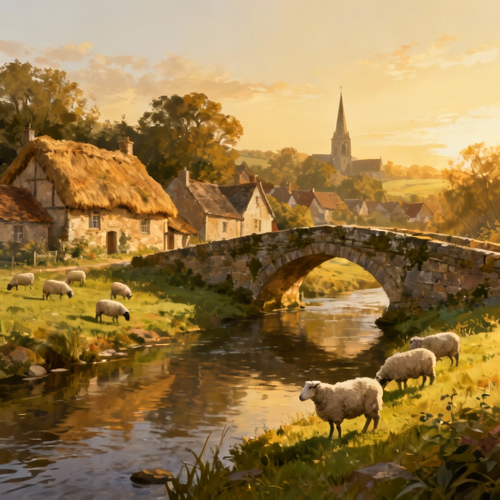 AI medieval European village by stone bridge