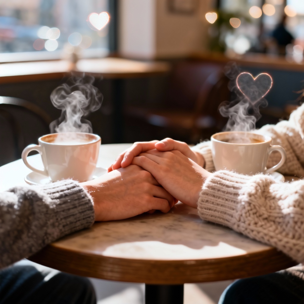 AI close-up of intertwined hands with warm café lighting