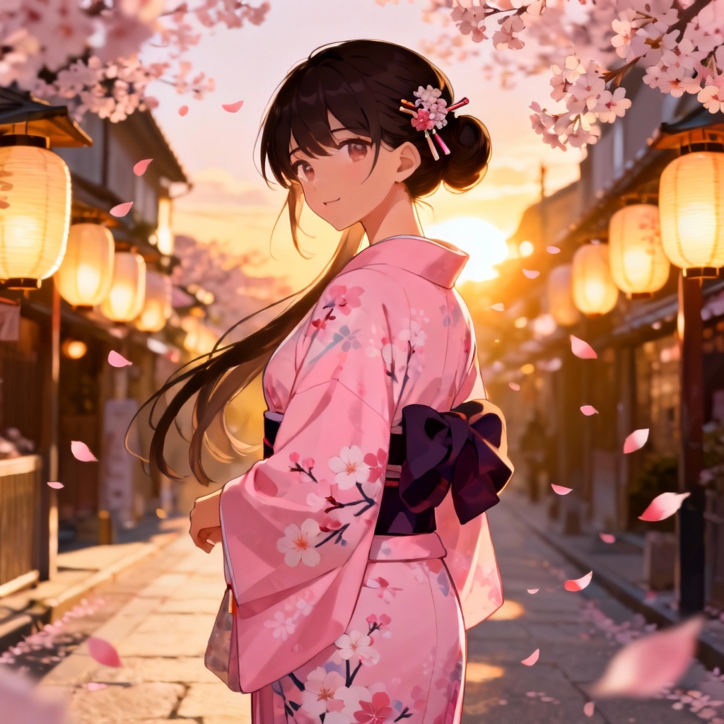 AI kimono anime girl under cherry blossoms at sunset