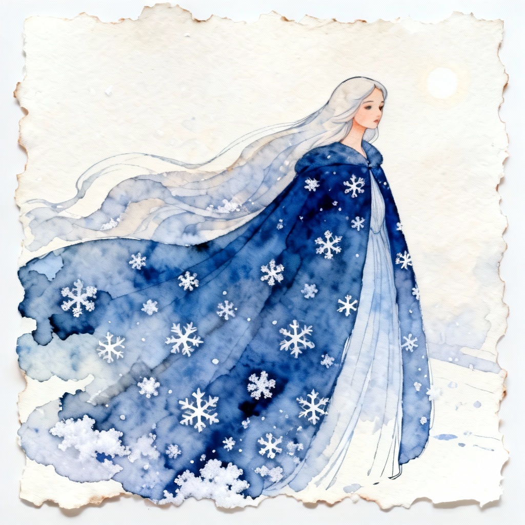 Watercolor Snow Maiden illustration with flowing cloak