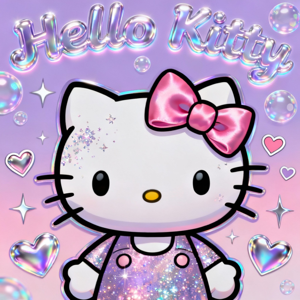 Holographic chrome Y2K Hello Kitty wallpaper with big bow and sparkle