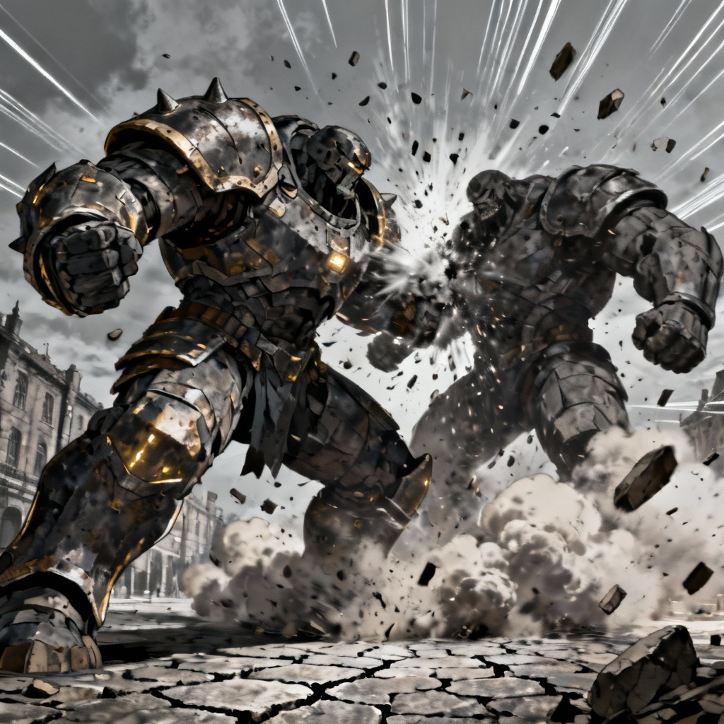 AI armored Titan clash with dust and debris