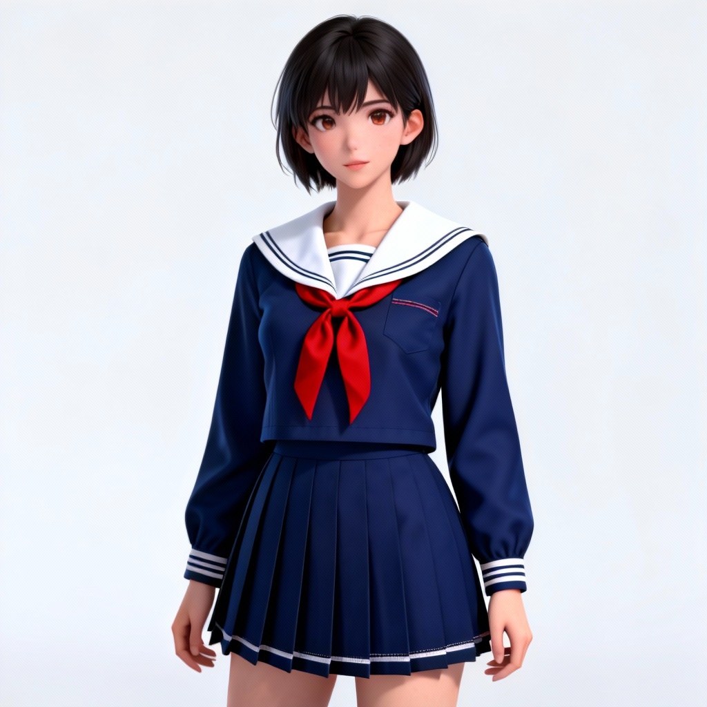 AI-generated adult model wearing classic navy sailor suit with ribbon tie