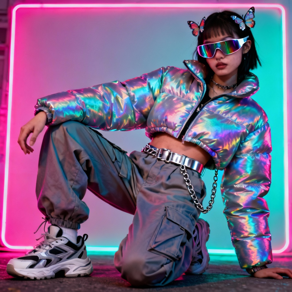 AI holographic Y2K puffer streetwear outfit