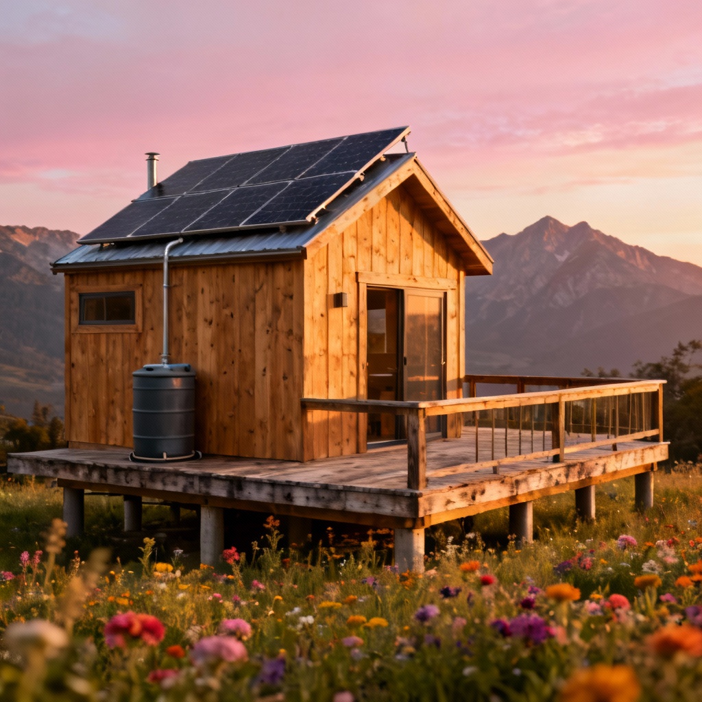 Off-grid tiny cabin with solar panels and deck