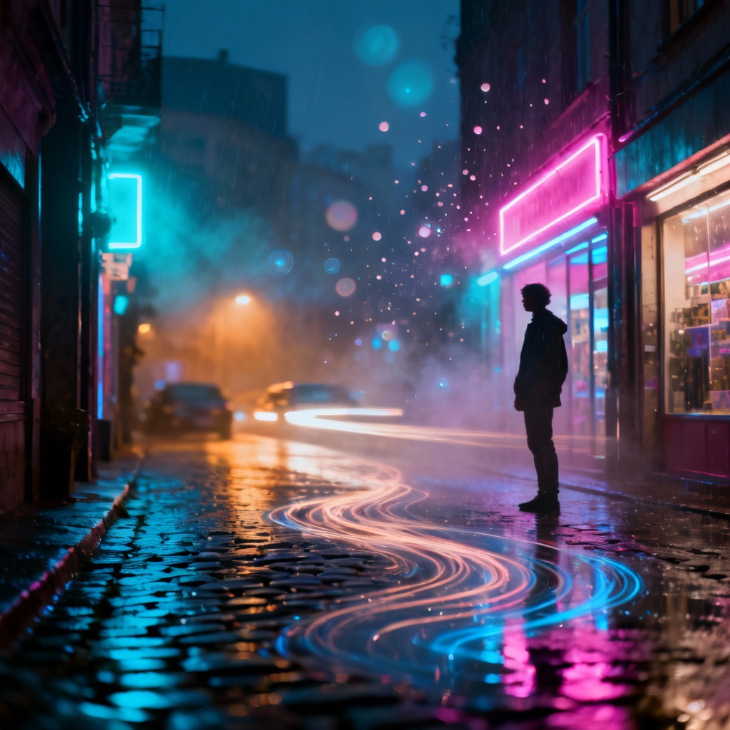 AI dreamy neon alley portrait with haze and light bloom