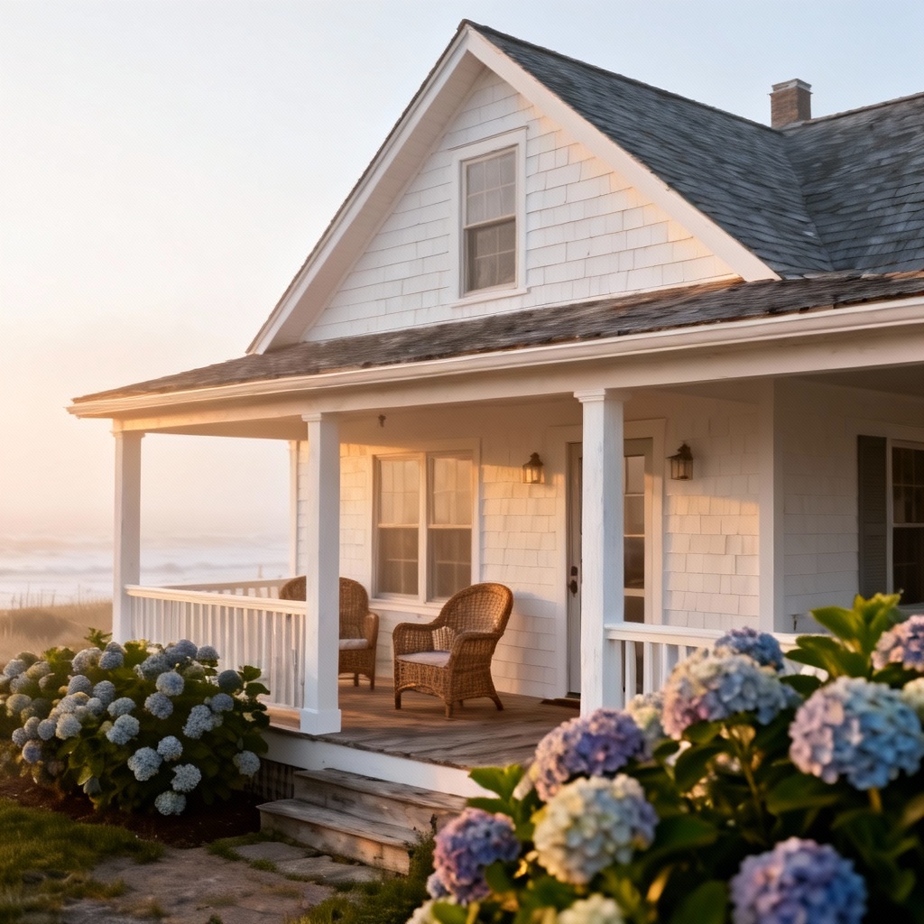 AI coastal farmhouse with wraparound porch and shiplap