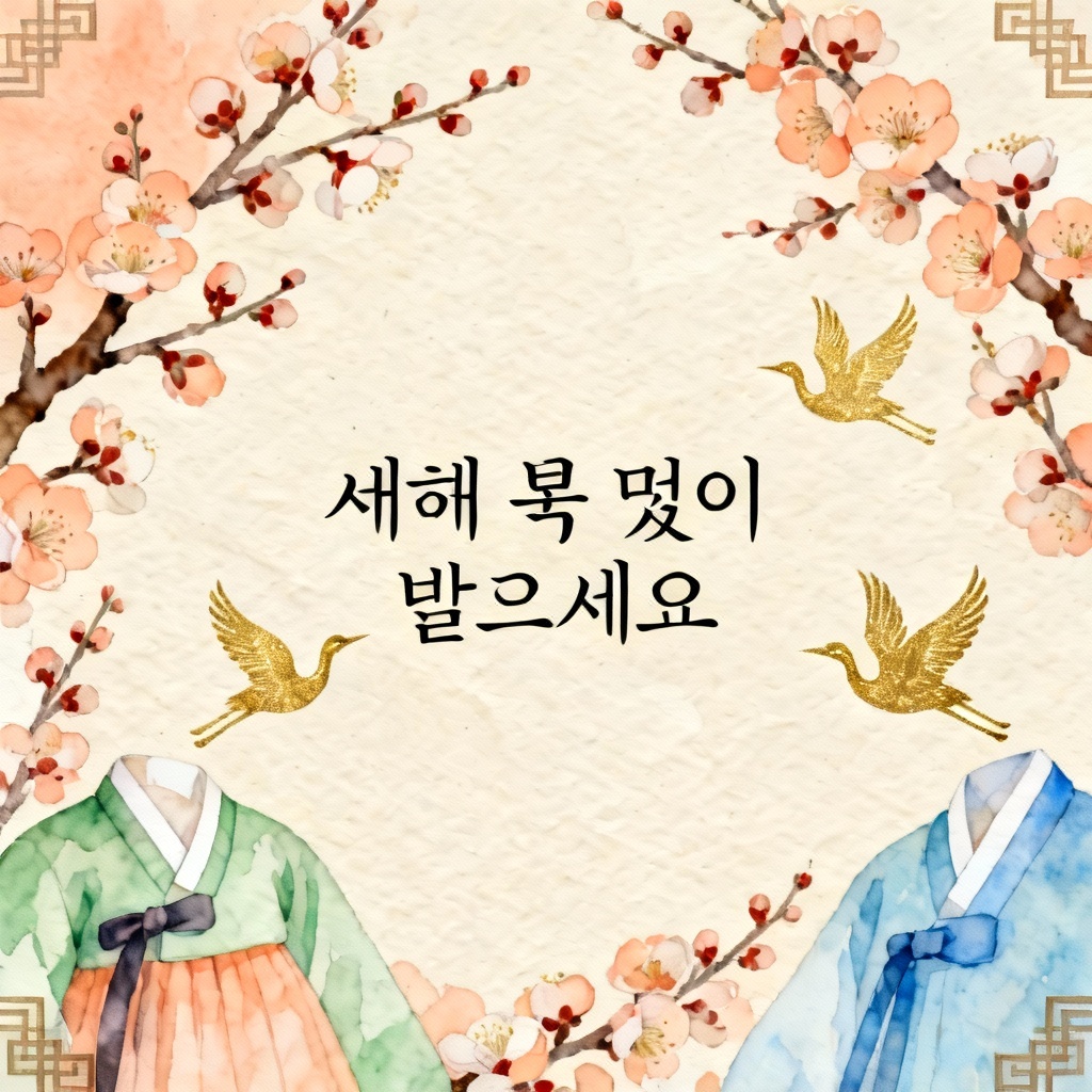 AI Seollal holiday card with hanbok colors and plum blossoms