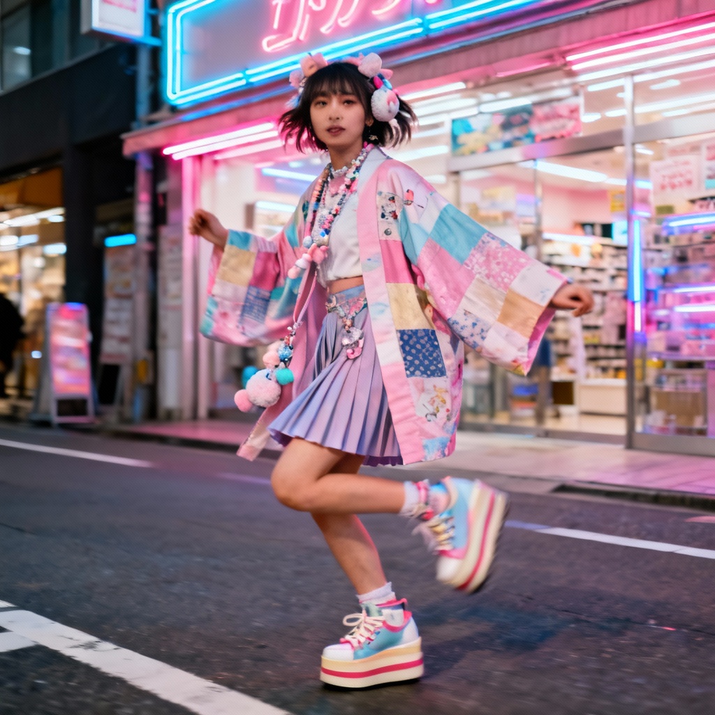 Kawaii Harajuku streetwear with patchwork haori and pastels