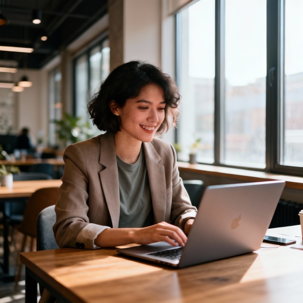AI startup founder portrait with laptop in coworking space