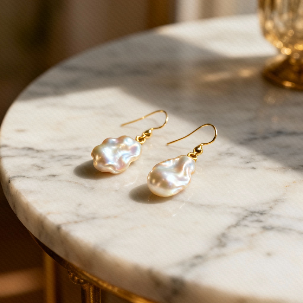 Baroque freshwater pearl drop earrings with gold hooks