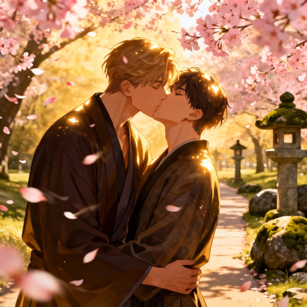 LGBTQ+ anime kiss of two adult men under cherry blossoms