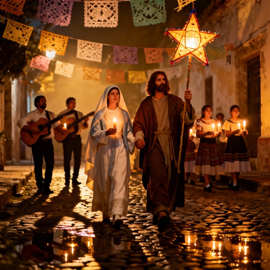 AI image of Mary and Joseph leading a Las Posadas candlelit procession