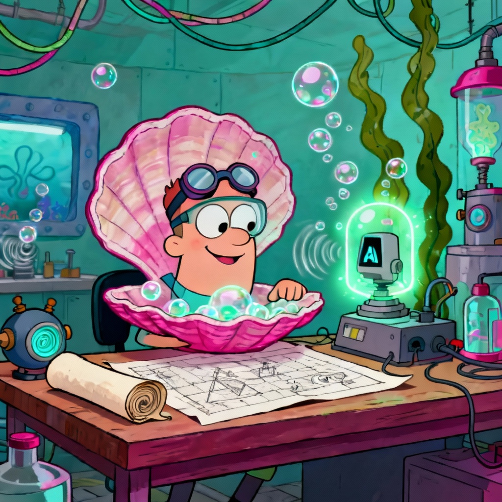 AI Bikini Bottom citizen inventor with shell gadgets