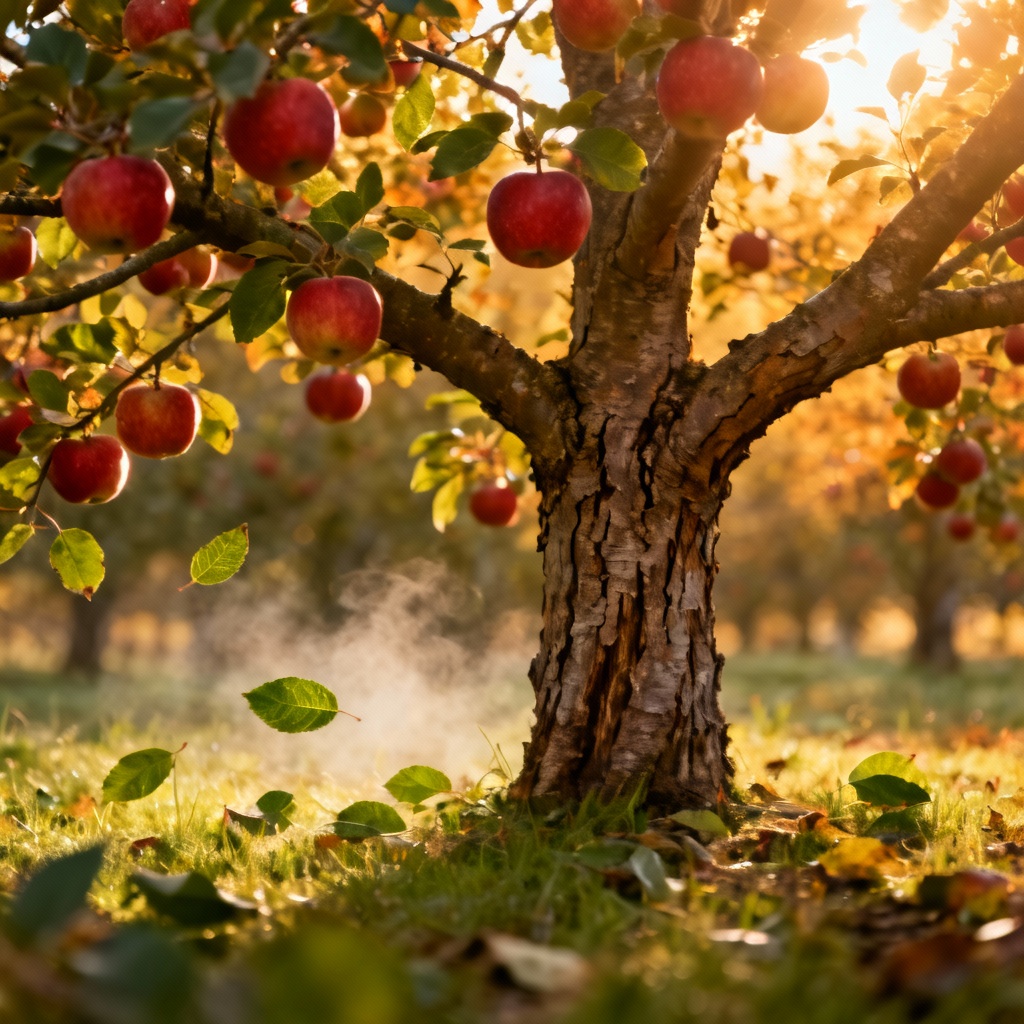 AI apple tree in a sunlit orchard with ripe fruit