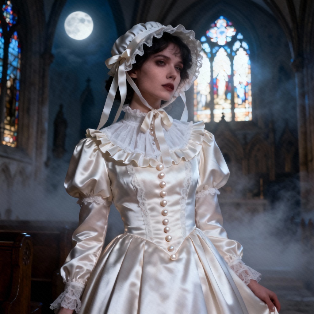 AI Shiro Gothic Lolita in white OP dress under moonlight
