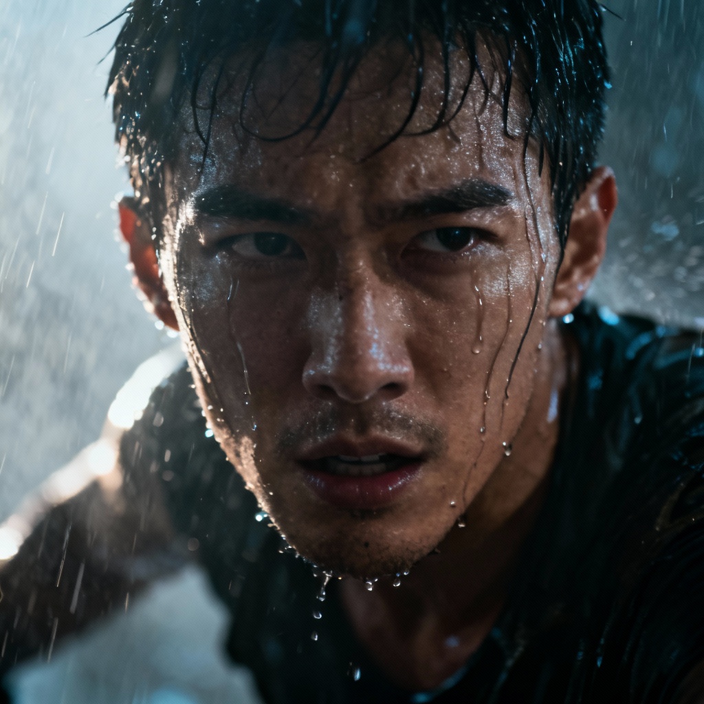 AI cinematic action portrait with rain and wet skin