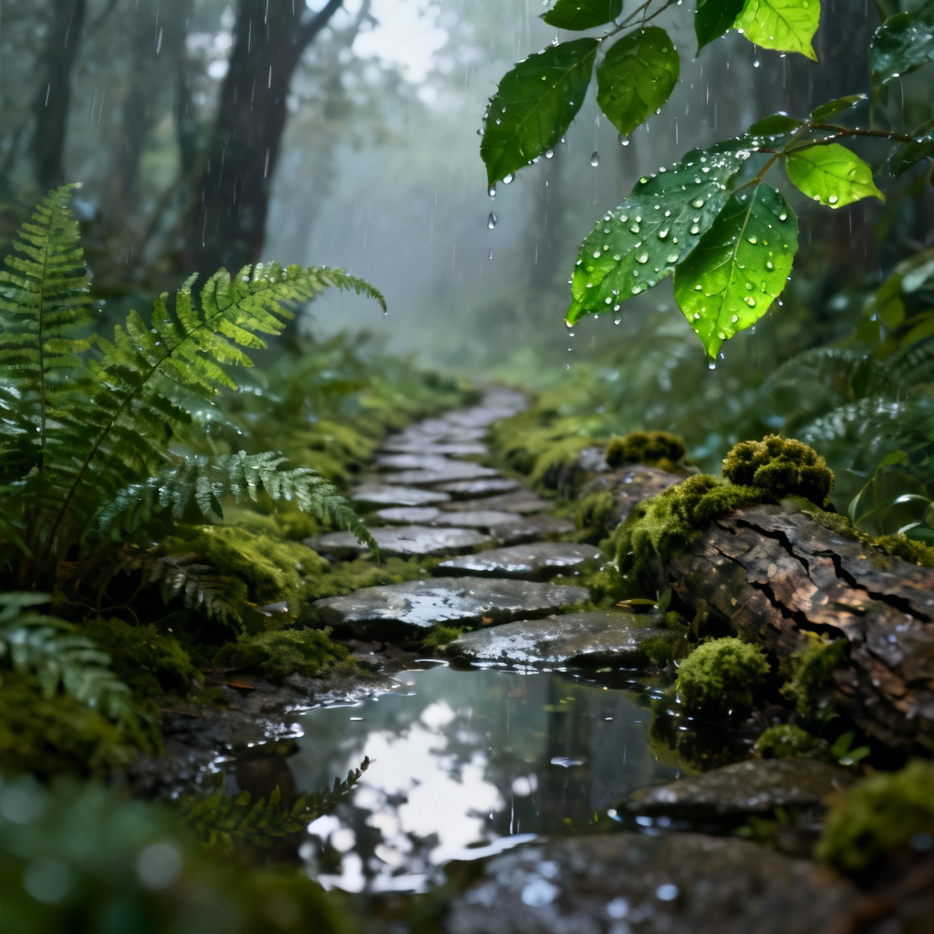 AI Rain-kissed Moss Path in Enchanted Woods