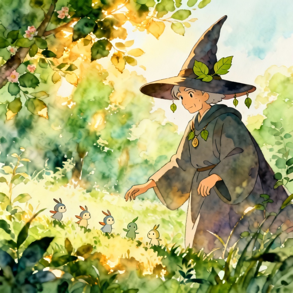AI wizard with forest spirits in a sunlit glade
